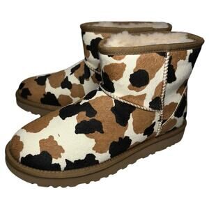 UGG Women’s Size 8 Brown Black White Classic Mini Cow Print Chestnut Fur Boots